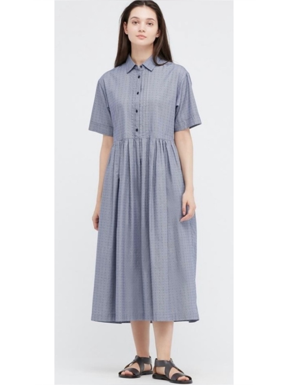 Ines de La Fressange x Uniqlo Pintuck Pleat Short Sleeve Blue Midi Dress Size M